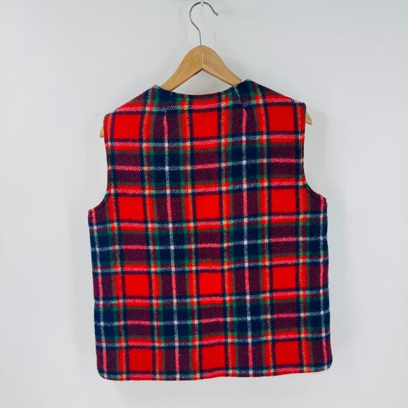 Vintage Wool Plaid Reversible Vest Red Tartan Sherpa Lined Outdoor (Fits S/M) - Picture 8 of 12